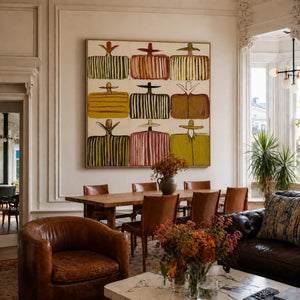 Nine Hat Figures in a Grid of Warm Stripes Wall Art styled interior scene 1 | OILDECO