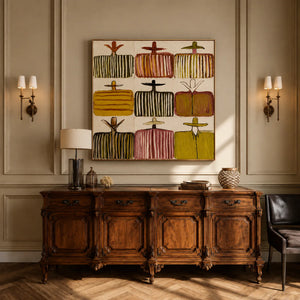 Nine Hat Figures in a Grid of Warm Stripes Wall Art styled interior scene 2 | OILDECO