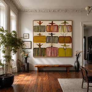Nine Hat Figures in a Grid of Warm Stripes Wall Art styled interior scene 5 | OILDECO
