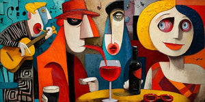Colorful Cafe Faces with Guitar and Wine Wall Art artwork view | OILDECO