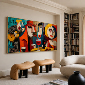 Colorful Cafe Faces with Guitar and Wine Wall Art styled interior scene 1 | OILDECO