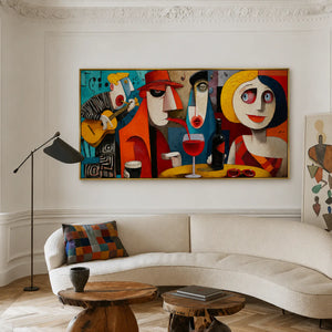 Colorful Cafe Faces with Guitar and Wine Wall Art styled interior scene 2 | OILDECO
