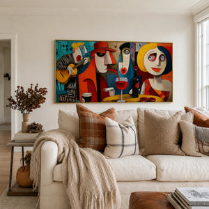 Colorful Cafe Faces with Guitar and Wine Wall Art styled interior scene 3 | OILDECO