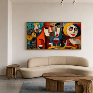 Colorful Cafe Faces with Guitar and Wine Wall Art styled interior scene 5 | OILDECO