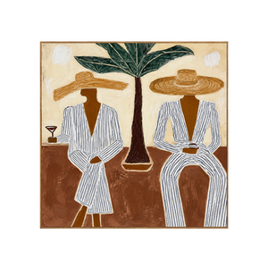 Striped Companions with Straw Hats Beneath Broad Leaves Wall Art | OILDECO