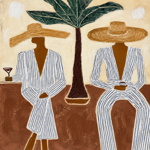 Striped Companions with Straw Hats Beneath Broad Leaves Wall Art artwork view | OILDECO