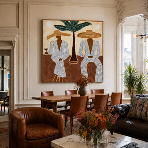 Striped Companions with Straw Hats Beneath Broad Leaves Wall Art styled interior scene 1 | OILDECO