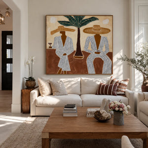 Striped Companions with Straw Hats Beneath Broad Leaves Wall Art styled interior scene 2 | OILDECO