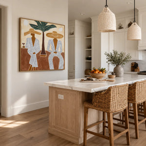 Striped Companions with Straw Hats Beneath Broad Leaves Wall Art styled interior scene 3 | OILDECO