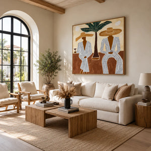 Striped Companions with Straw Hats Beneath Broad Leaves Wall Art styled interior scene 4 | OILDECO