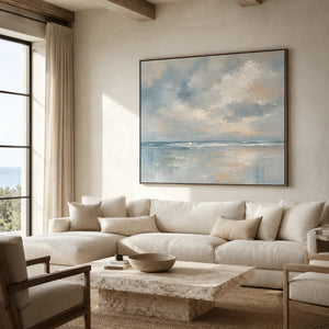 Cloudbreak Horizon Coastal Wall Art styled in a modern living room | Oildeco