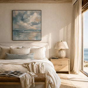 Cloudbreak Horizon Coastal Wall Art shown in a calm bedroom setting | Oildeco