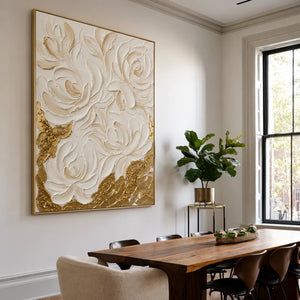 Sculpted White Roses over Golden Textures Wall Art styled interior scene 1 | OILDECO