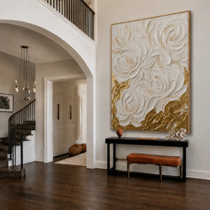 Sculpted White Roses over Golden Textures Wall Art styled interior scene 3 | OILDECO