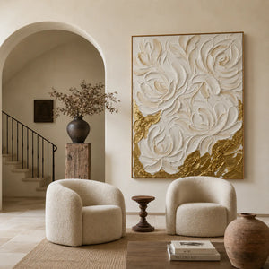 Sculpted White Roses over Golden Textures Wall Art styled interior scene 4 | OILDECO