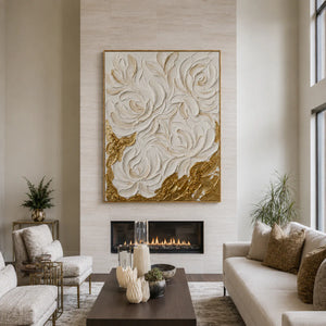 Sculpted White Roses over Golden Textures Wall Art styled interior scene 5 | OILDECO
