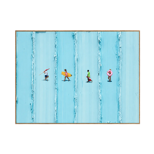 Four Beachgoers across Turquoise Stripes Wall Art | OILDECO
