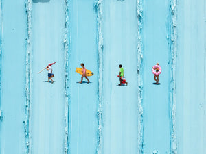 Four Beachgoers across Turquoise Stripes Wall Art artwork view | OILDECO