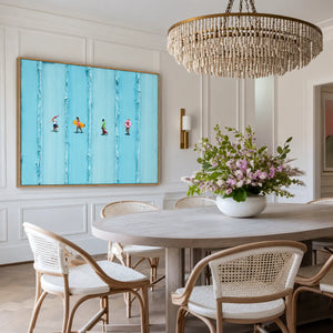 Four Beachgoers across Turquoise Stripes Wall Art styled interior scene 1 | OILDECO