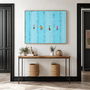 Four Beachgoers across Turquoise Stripes Wall Art styled interior scene 2 | OILDECO