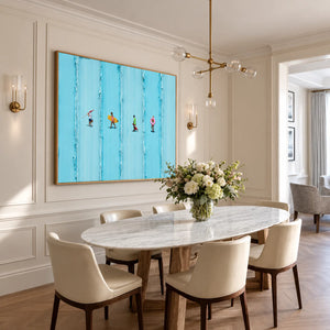 Four Beachgoers across Turquoise Stripes Wall Art styled interior scene 4 | OILDECO