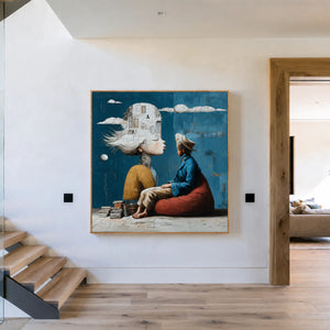 White City Dreamer and Seated Figure on Teal Wall Art styled interior scene 2 | OILDECO