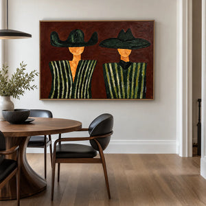 Green Striped Western Pair on Rust Brown Wall Art styled interior scene 3 | OILDECO