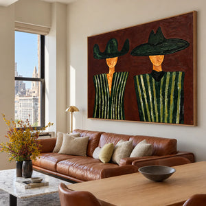 Green Striped Western Pair on Rust Brown Wall Art styled interior scene 5 | OILDECO