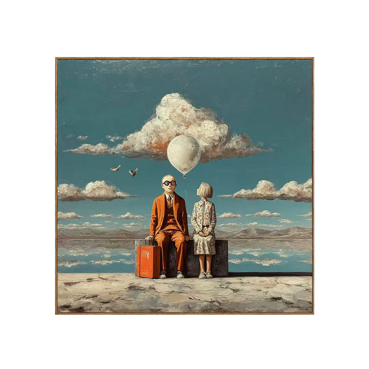 Travelers beneath a White Balloon and Cloud Wall Art