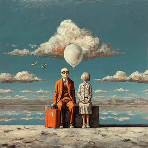 Travelers beneath a White Balloon and Cloud Wall Art artwork view | OILDECO