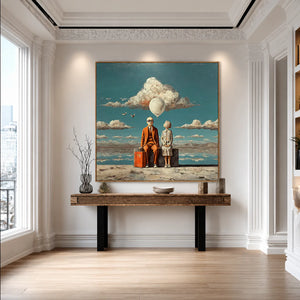 Travelers beneath a White Balloon and Cloud Wall Art styled interior scene 1 | OILDECO