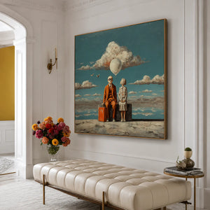 Travelers beneath a White Balloon and Cloud Wall Art styled interior scene 2 | OILDECO
