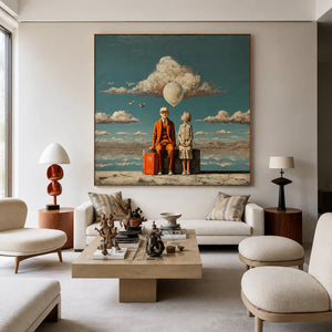 Travelers beneath a White Balloon and Cloud Wall Art styled interior scene 3 | OILDECO
