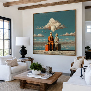 Travelers beneath a White Balloon and Cloud Wall Art styled interior scene 4 | OILDECO