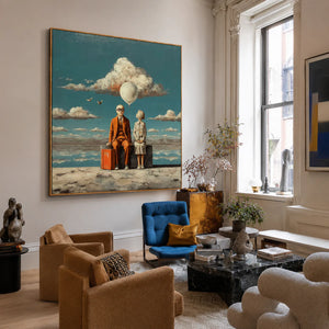 Travelers beneath a White Balloon and Cloud Wall Art styled interior scene 5 | OILDECO
