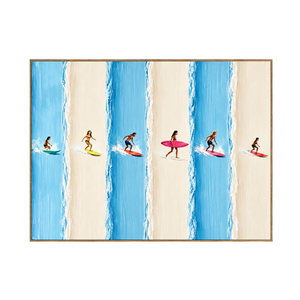 Six Surfers across Blue and Cream Stripes Wall Art | OILDECO