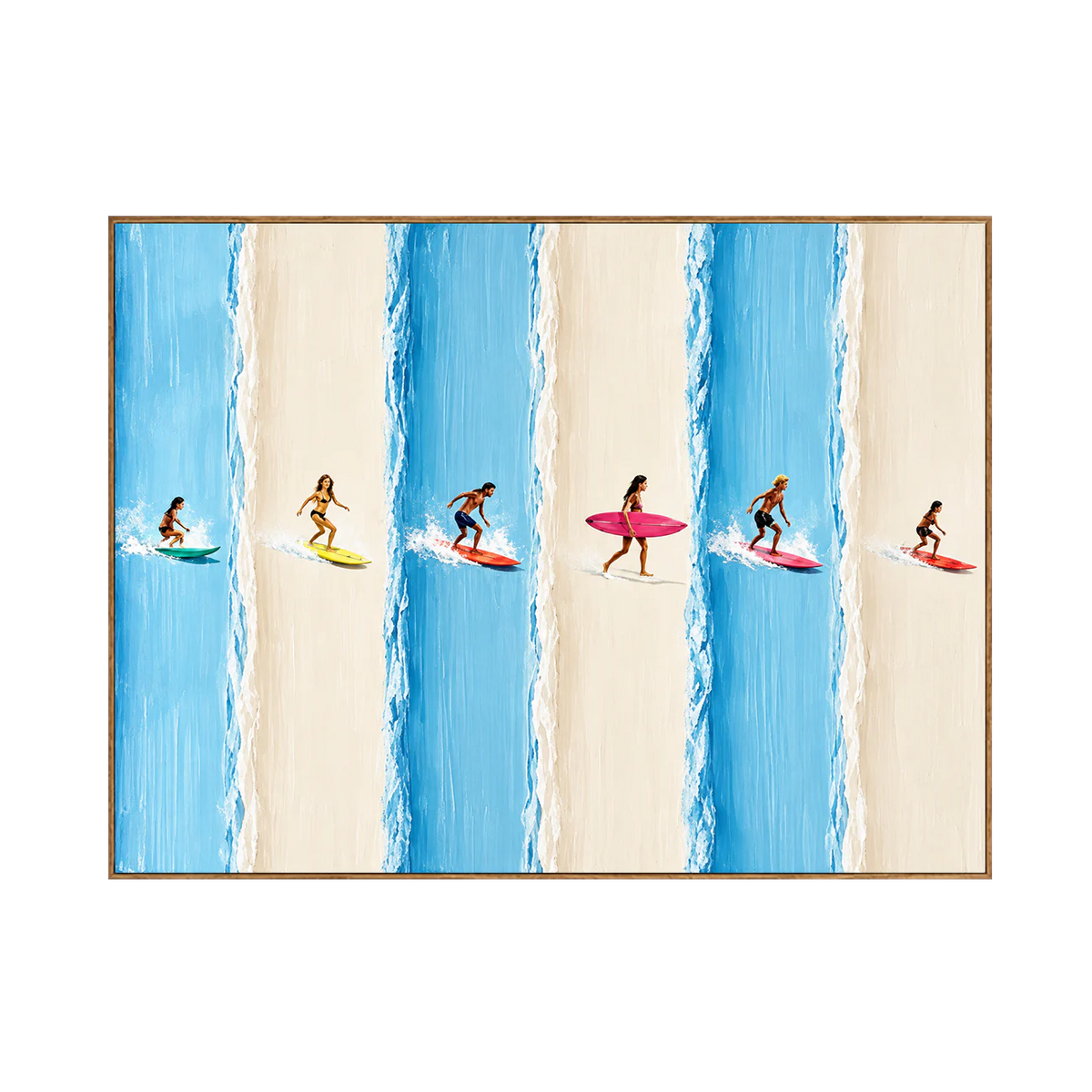 Six Surfers across Blue and Cream Stripes Wall Art