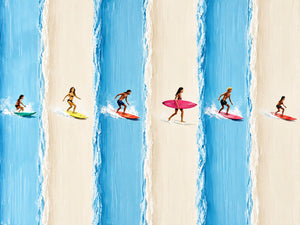 Six Surfers across Blue and Cream Stripes Wall Art artwork view | OILDECO