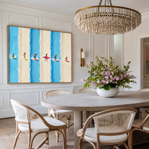 Six Surfers across Blue and Cream Stripes Wall Art styled interior scene 1 | OILDECO