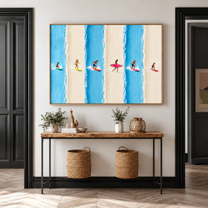 Six Surfers across Blue and Cream Stripes Wall Art styled interior scene 2 | OILDECO