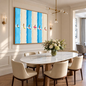 Six Surfers across Blue and Cream Stripes Wall Art styled interior scene 4 | OILDECO