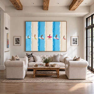 Six Surfers across Blue and Cream Stripes Wall Art styled interior scene 5 | OILDECO