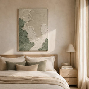 Sage Relief Textured Wall Art shown in a calm bedroom setting | Oildeco