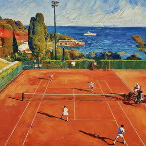 Terracotta Tennis Court above a Blue Bay Wall Art artwork view | OILDECO