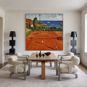 Terracotta Tennis Court above a Blue Bay Wall Art styled interior scene 1 | OILDECO