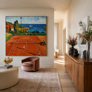 Terracotta Tennis Court above a Blue Bay Wall Art styled interior scene 3 | OILDECO