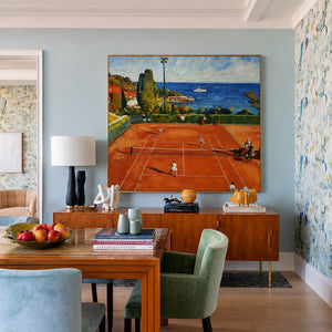 Terracotta Tennis Court above a Blue Bay Wall Art styled interior scene 5 | OILDECO