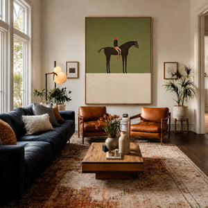 Red-Capped Rider on a Dark Horse in Olive Wall Art styled interior scene 2 | OILDECO