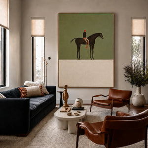 Red-Capped Rider on a Dark Horse in Olive Wall Art styled interior scene 4 | OILDECO