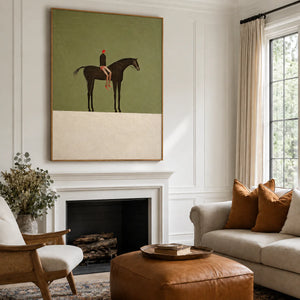 Red-Capped Rider on a Dark Horse in Olive Wall Art styled interior scene 5 | OILDECO